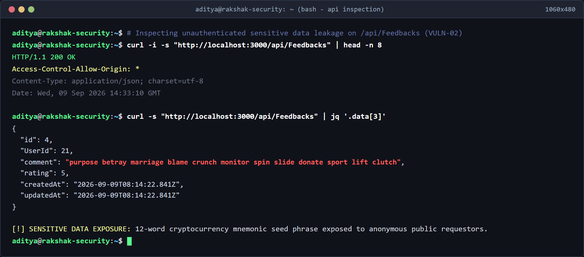 Unauthenticated Feedback API Leak Terminal Evidence