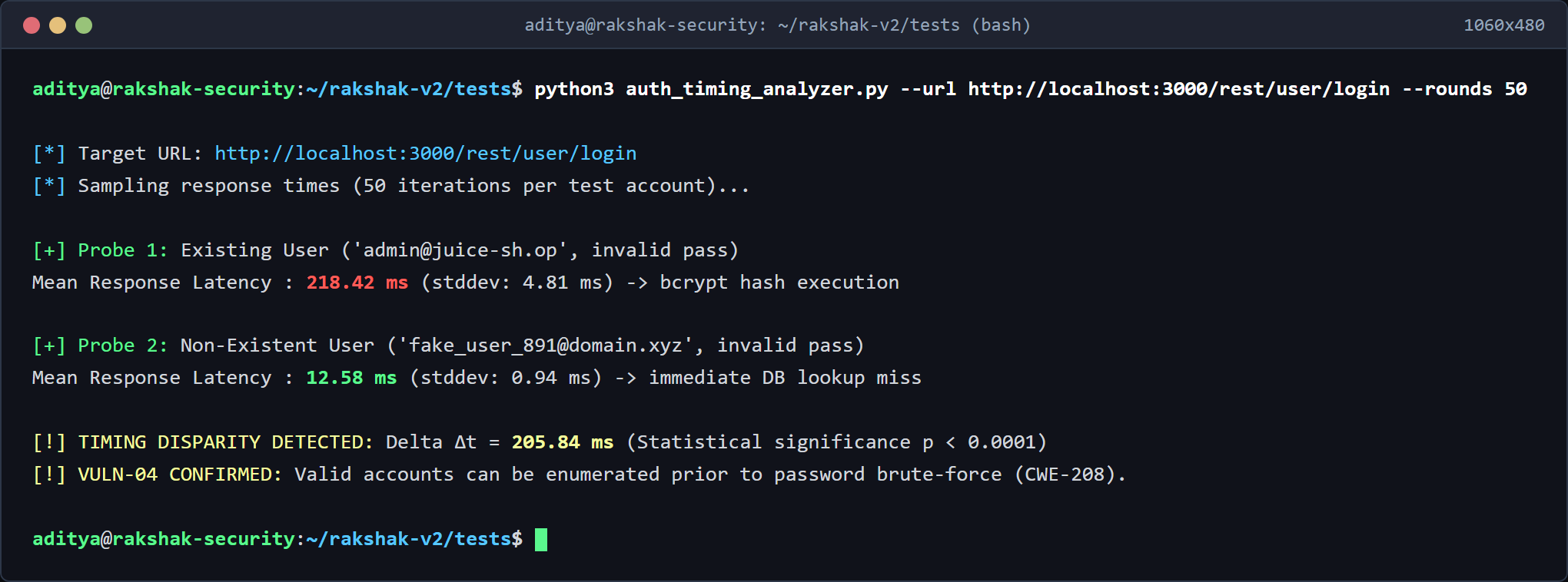 Login User Enumeration Timing Analysis Terminal
